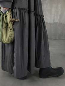 FRIFUL Women Round Neck Long Sleeve Pleated Minimalist Mid-Length Casual Dress,Fall Clothes