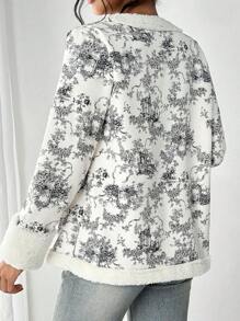 Chiquease Women Casual Floral Printed Patchwork Fuzzy Trim Jacket, Autumn/Winter - Multicolor - View 2