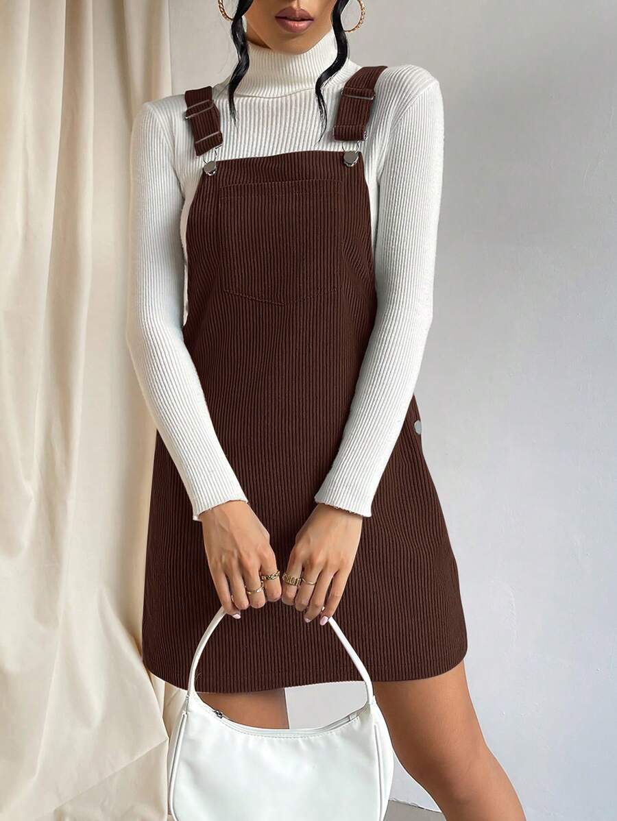 SHEIN EZwear 净色口袋贴布连身裙（不含毛衣） - 棕色 - 查看 1