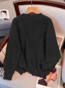 Calvaya 大码休闲日常圆领落肩做旧针织毛衣，秋冬针织套头衫 - 黑色 - 查看 2