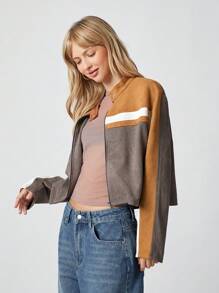 SHEIN EZwear Multi-Color Suede Women Short Zipper Front Jacket For Autumn