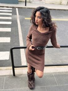 SHEIN Y2K Style Teen Girls Solid Color Hooded Thick Knit Sweater Dress, Moon Embroidery Decor, Minimalist Daily Wear, College Style