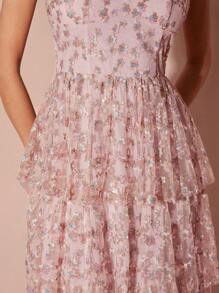Enchnt Women's Pink V-Neck Mesh Embroidered Floral Waist With Cake Tiered Hem, Thin Sleeveless Waist And Elegant, Cute Long Spaghetti Strap Dress, French Spaghetti Strap Dress, Party, Date Spaghetti Strap Dress, Pastoral Spaghetti Strap Dress, Holiday, Fall Winter