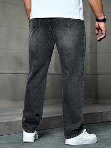 Manfinity Homme 男士大码黑色洗水牛仔休闲直筒牛仔裤，纯色长款深色牛仔裤直筒深灰色洗水工装牛仔裤，适合丈夫、男朋友的礼物 - 黑色 - 查看 2