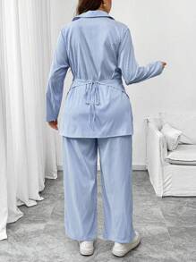 Flirla 2pcs Plus Size Set: Striped Long Sleeve Casual Crossover Pullover Shirt & Pants - Blue and White - View 2