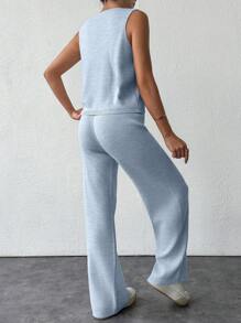 EURMUSE Women's Solid Color Simple Daily Wear Knit Vest And Long Pants Two-Piece Set - Baby Blue - View 2
