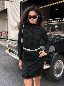SHEIN Vestido negro elegante y casual con cuello alto de lentejuelas, dobladillo con borde de piel, silueta ajustada, adecuado para fiesta y uso diario, otoño, para niñas y adolescentes