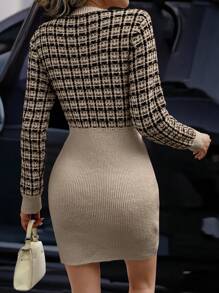 SHEIN Clasi Women's Autumn/Winter Casual Everyday Elegant Patchwork Plaid Bodycon Knitted Sweater Dress - Khaki - View 2