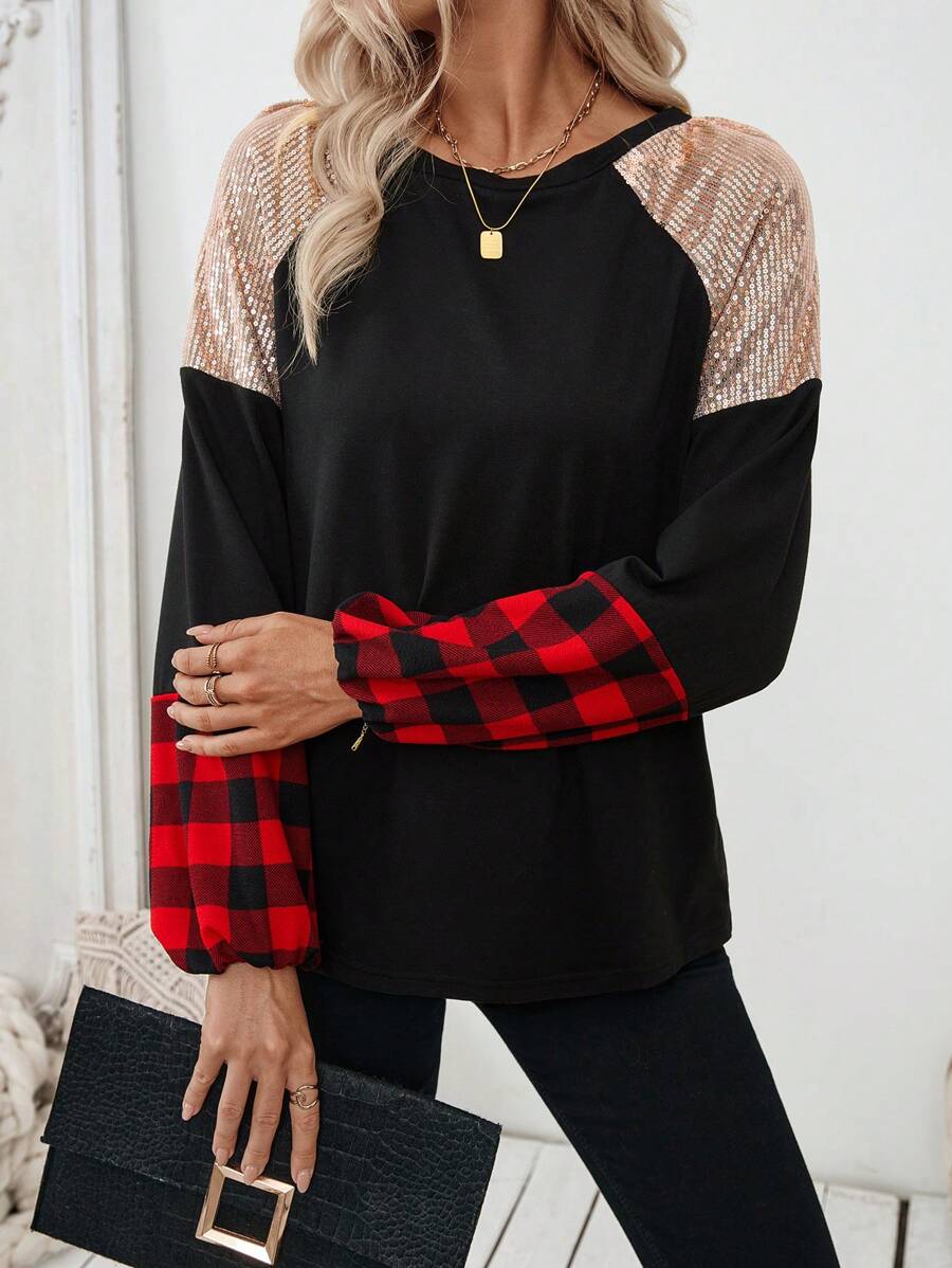 SHEIN LUNE Áo thun tay lỡ kẻ sọc sequin thời trang dành cho nữ, Thu/Đông - Nhiều màu - Xem 1