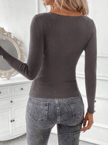 SHEIN Clasi 1 件女式黑色圆领长袖毛衣，带金属纽扣袖口 - 深灰色 - 查看 2