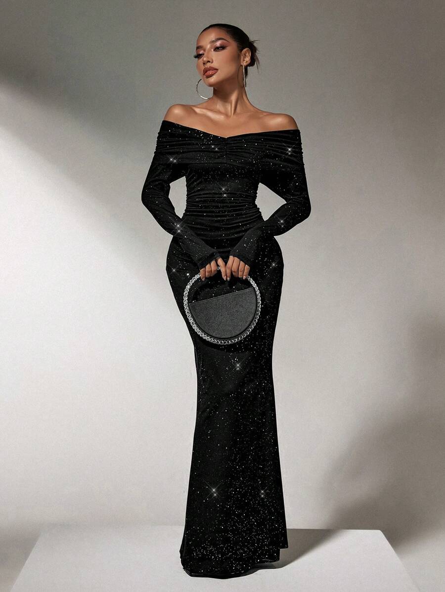 SHEIN SXY Shiny Party Luminous Black Dress Women's One Shoulder Sexy Fishtail Long Dress'fall Women Clothes;Black Skirt;Holiday Party Dress;New Year Eve Dress;New Years Women Outfit - Black - View 1