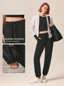 GLOWMODE Modal Fleece Loose Fit Adjustable Drawstring Waist Elastic Hem Joggers With Side Pockets Daily Casual Autumn Winter - Black - View 5