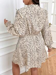 SHEIN Frenchy Plus Size Casual Beige Ditsy Floral Notched Neck Dress For Autumn,Elegant Wedding Guest Tea Party Outfit,Fashionable Vacation Street Commuting Dress - Multicolor - View 5