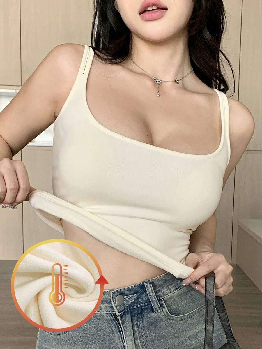 DAZY Women's Solid Color Thermal Lined Tank Top For Autumn/Winter Preppy Tops,Thermal Lined - White - View 1