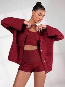 SHEIN BASICS Cárdigan de mujer de unicolor con bolsillos, informal para otoño/invierno