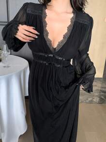 DAZY 1件装女士纯色前系带网纱拼接长袖简约连衣裙，休闲日常穿着睡衣情人节款