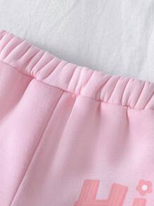 2pcs Baby Girl 2024 Thermal Lined Sweatshirt & Pants Set, Casual Shoulder Insert Letter Print, Pink, Autumn/Winter - Dark Grey - View 5