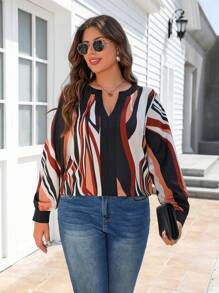 SHEIN LUNE Plus Size damska kolorowa bluzka w paski z dekoltem w serek z bufiastymi rękawami, swobodna, elegancka, wiosna, jesień