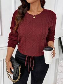 Flirla Große Größen Damen Twist Seil Zopf Kordelzug Strickpullover Strickpullover Herbst Winter Pullover - Bordeaux - Übersicht 5