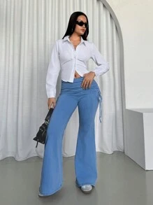 SHEIN Essnce Jeans casuales y versátiles con cordón lateral de campana para mujeres - Azul - Ver 6