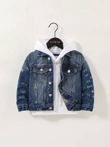 SHEIN 小男孩洗水蓝牛仔领长袖夹克，带设计细节 - 中等水洗藍 - 查看 1