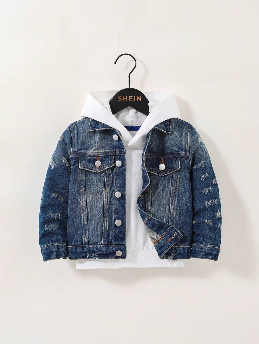 SHEIN 小男孩洗水蓝牛仔领长袖夹克，带设计细节 - 中等水洗藍 - 查看 1