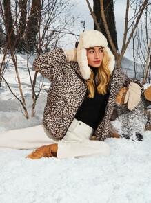 SHEIN EZwear Leopard Print Woven Women Winter Long Sleeve Zipper Collar Hooded Padded Coat - Mocha Brown - View 8