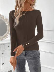 SHEIN Clasi Women Round Neck Long Sleeve Solid Color Sweater Top With Metal Button Embellished Cuffs In Fall/Winter - Coffee Brown - View 3