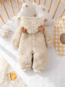 新生男婴可爱卡通狗刺绣连帽全拉链前毛绒连体衣带 3D 耳朵，柔软舒适羊毛家居服，适合秋冬季