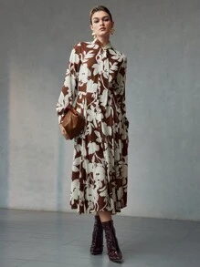 MOTF PREMIUM ALLOVER PRINT BUCKLE TIE NECK LANTERN SLEEVE FOLD PLEATED DRESS