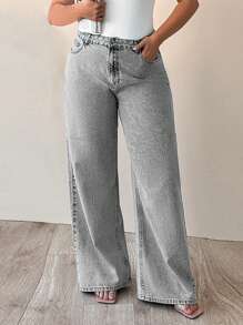EURMUSE HIGH WAIST WIDE LEG CUT PLUS SIZE  JEANS - Grey - View 7