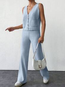 EURMUSE Women's Solid Color Simple Daily Wear Knit Vest And Long Pants Two-Piece Set - Baby Blue - View 6