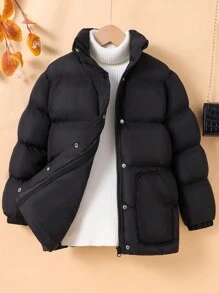 Tween-Mädchen Lässiger, schwarzer, wattierter Mantel mit Revers und weiter Taille