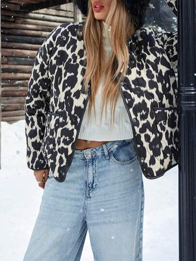 Aveloria Affinna Chaqueta holgada de mujer con cuello redondo, estampado floral de contraste de color, manga larga - Ropa casual y versátil para otoño/invierno, estilo occidental retro con estampado de leopardo