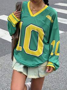 Muchica Women's New Letter Print V-Neck Long Sleeve Soccer Sport T-Shirt - Green - View 3