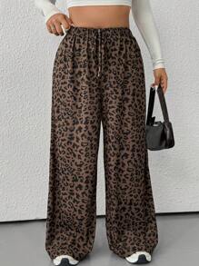 Muchica Plus Size Loose Straight Leg Pants With Leopard Print, Casual, For Autumn/Winter