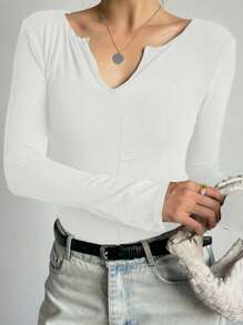 DAZY Débardeur slim femme de couleur unie, blanc, hauts pour femmes à manches longues pour le printemps/été - Blanc - Voir 3