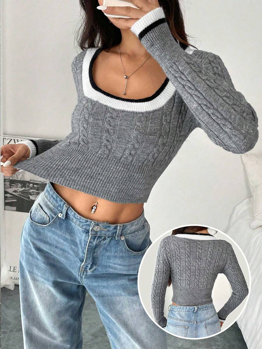 SHEIN Unity Women Contrast Trim Crew Neck Long Sleeve Casual Sweater, Knit Pullover Fall Winter - Grey - View 1