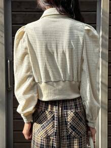 DAZY 1 件女式纯色修身长袖立领纹理面料短款泡泡袖衬衫，秋季女装