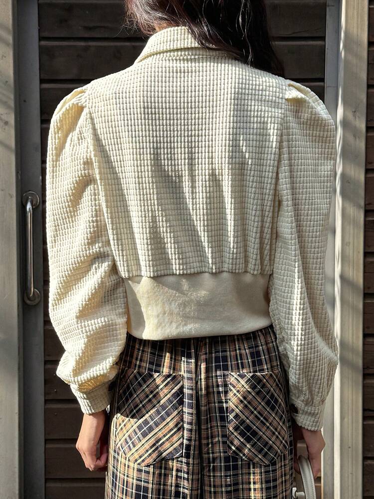 1pc Women Solid Color Fitted Long Sleeve Stand Collar Textured Fabric Short Puff Sleeve Shirt,Fall Women Clothes