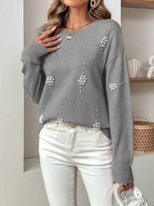 SHEIN LUNE Áo len nữ dệt kim thoải mái, mềm mại, đính ngọc trai, thích hợp cho mùa thu đông. - Màu xám đen - Xem 6
