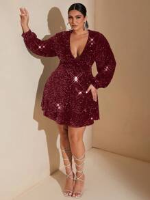 SHEIN BAE 大码女式 V 领亮片装饰简约短裙 - 酒紅色 - 查看 2