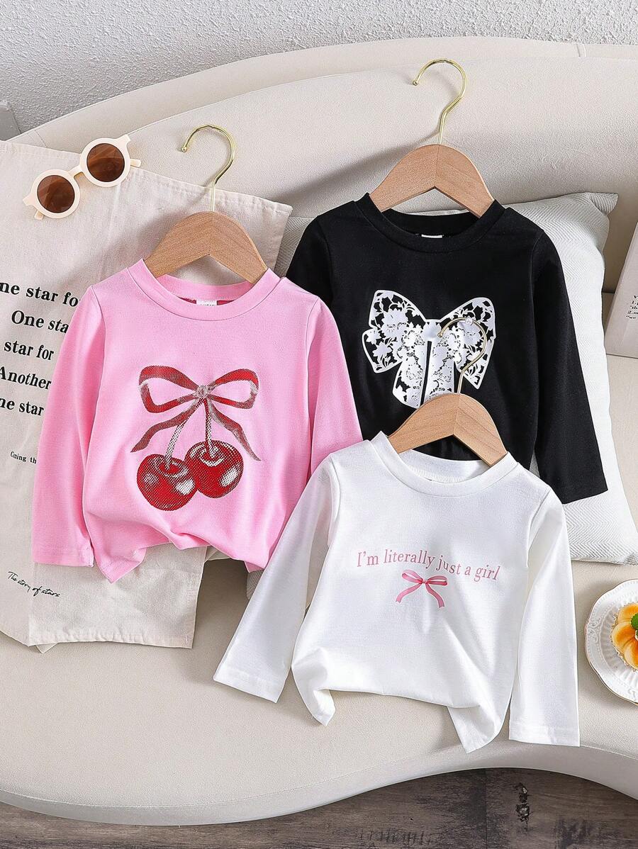 SHEIN 3pcs/Set Cute Print Baby Girls Top + Leggings + Headband Set, Fashionable Casual Outfit Baby Girl Long Sleeve Topslong Sleeve Girl Topsbaby Girl Long Sleeve Top - Baby Pink - View 1
