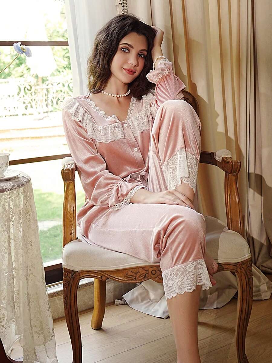 1 Set Women Velvet Lace Ruffle Trim Button Down Shirt And Pants Pajama Set - Pink - View 1
