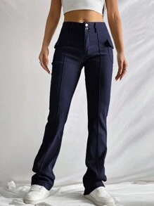 SHEIN EZwear 女士纯色前扣紧身口袋休闲裤 - 藏蓝色 - 查看 3
