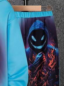 2pcs/Set Boys Neon Glow In Dark Skull Pattern Hoodie And Sweatpants Set, Street Style Halloween Outfit - Multicolor - View 3