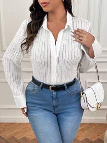 SHEIN Frenchy 大码休闲纯色衬衫裙，适合秋冬季分层穿着 - 白色 - 查看 4