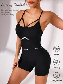 Easithlete Quần yếm hở lưng màu trơn, thể thao mùa hè - màu đen - Xem 1