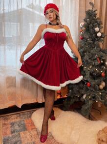 SHEIN Unity Plus Size Colorblock Fluffy Trim Slip Dress For New Year Clothes - Red - View 7