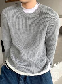 Manfinity CasualKnits Men's Casual Crew Neck Contrast Color Knitted Pullover Sweater - Grey - View 4